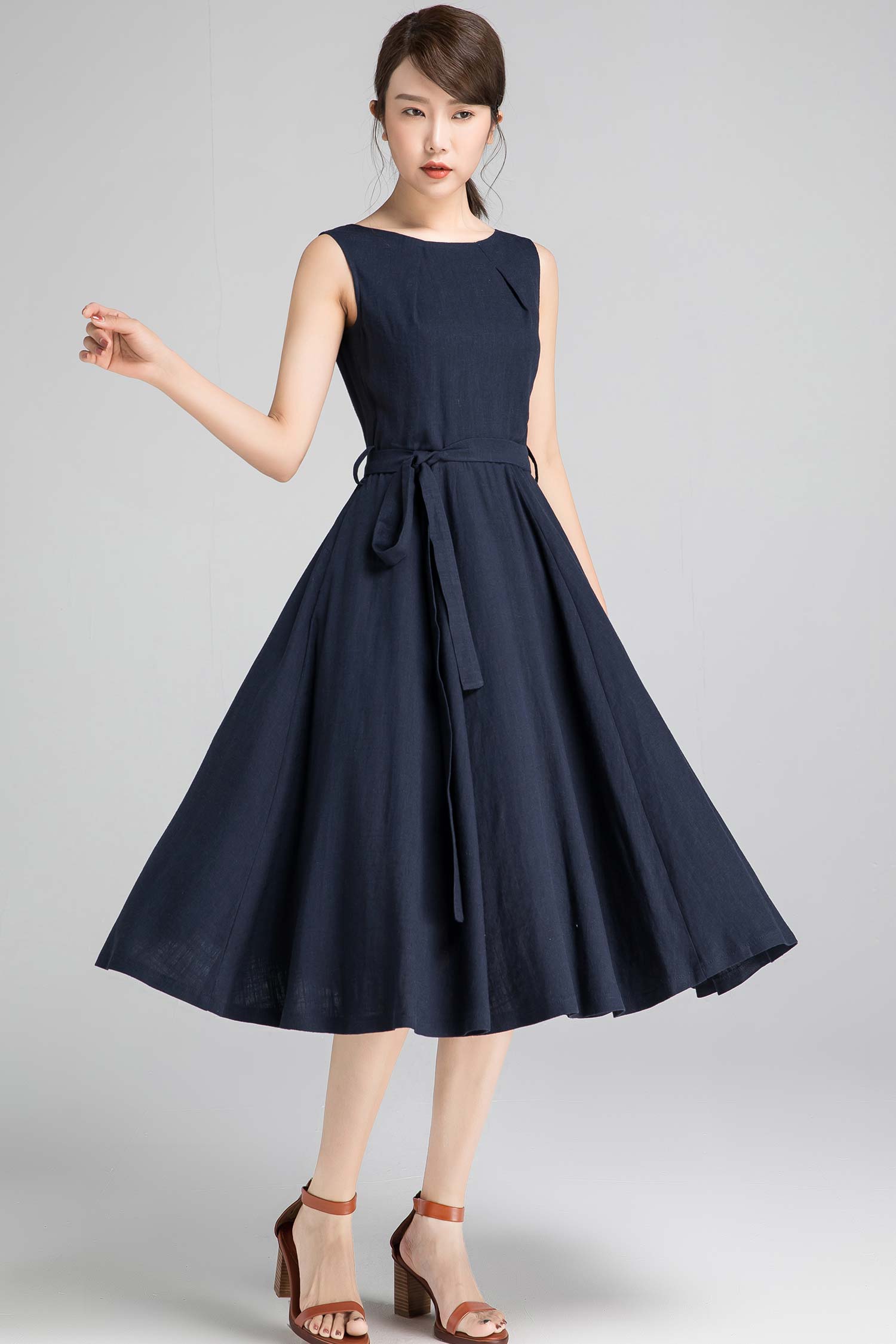 navy linen dress midi NAVY MIDI DRESS