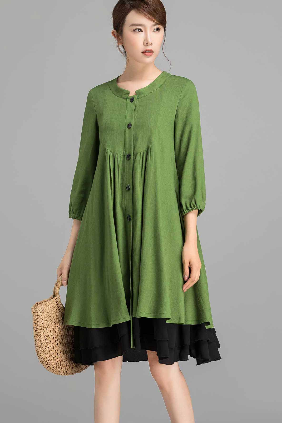 army green tunic dress Army Green Linen Shirt Dress with Bishop Sleeves