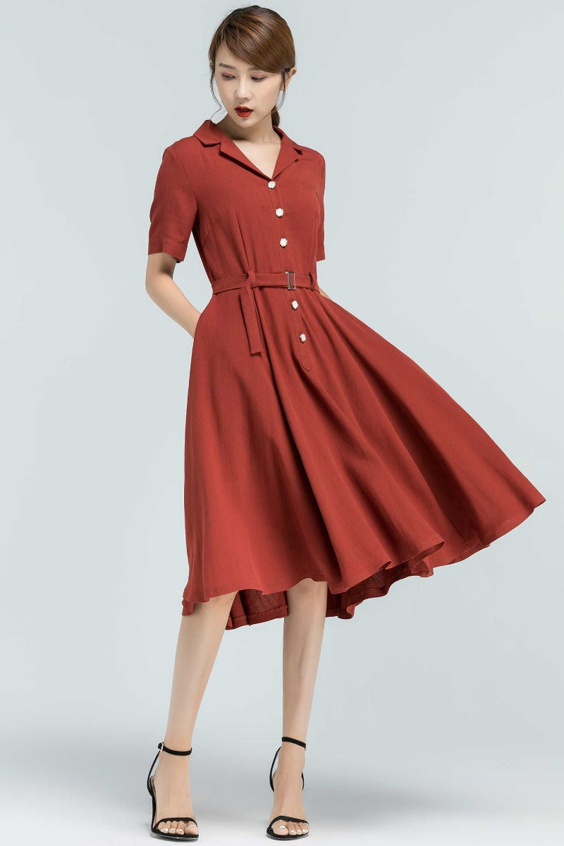 Linen Cotton Swing Shirt Dress 50s Midi with Pockets | Xiaolizi 2372 Rust red / XL Linen Cotton Swing Shirt Dress 50s Midi with Pockets | Xiaolizi 2372 Rust red / XL