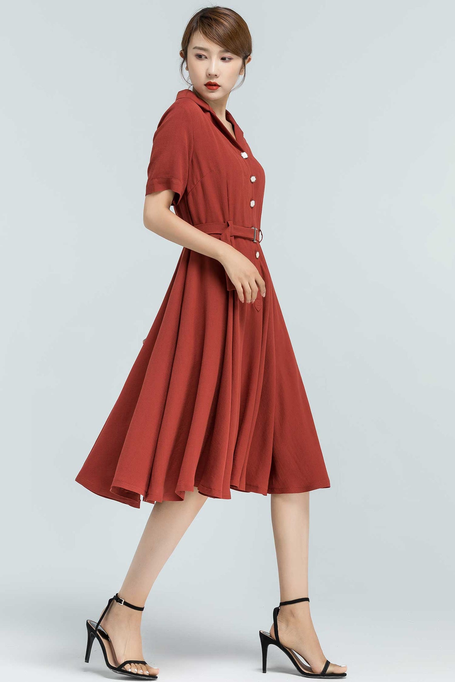 Handmade Linen Cotton Shirt Dress – 50s Swing Midi with Pockets | Xiaolizi 2372