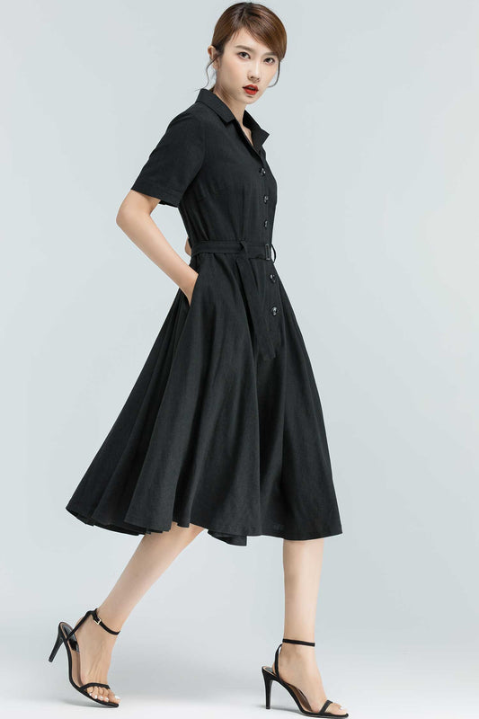 50s Style Black Shirt Dress – Linen Cotton Midi Dress with Pockets 2384