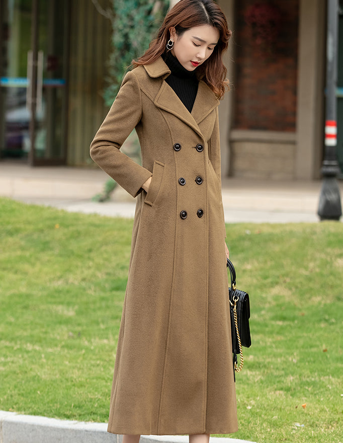 Wool Blend A-Line Coat – Vintage Double-Breasted Midi Winter Overcoat 246101