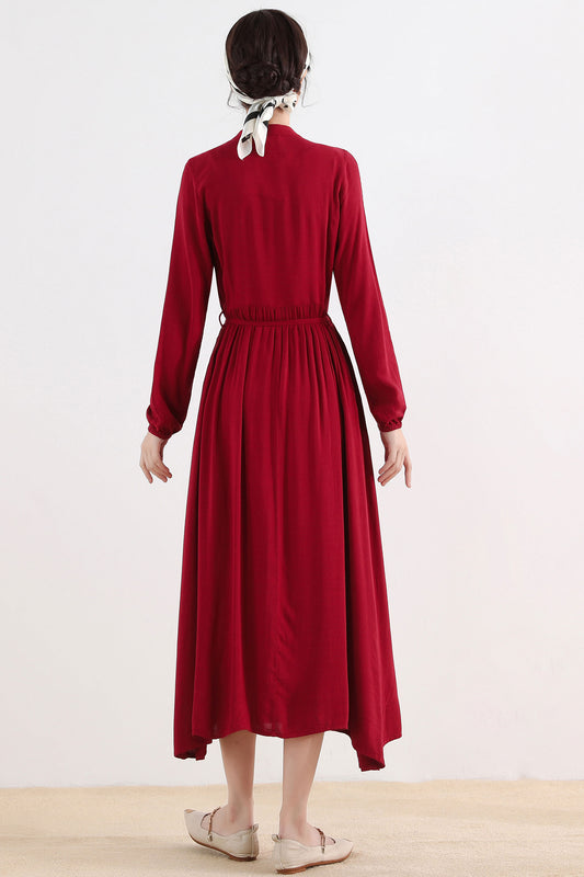 Wine Red Linen Blend Shirt Maxi Dress - Pleated Swing Silhouette 2509