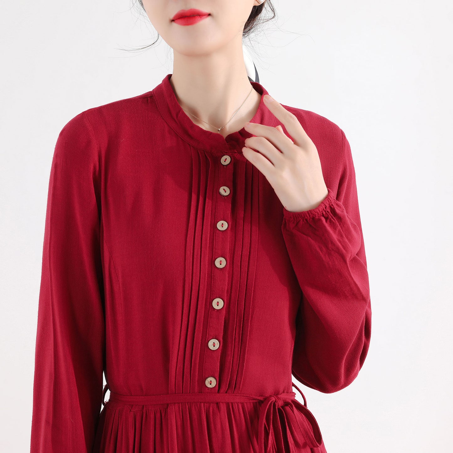 Wine Red Linen Blend Shirt Maxi Dress - Pleated Swing Silhouette 2509