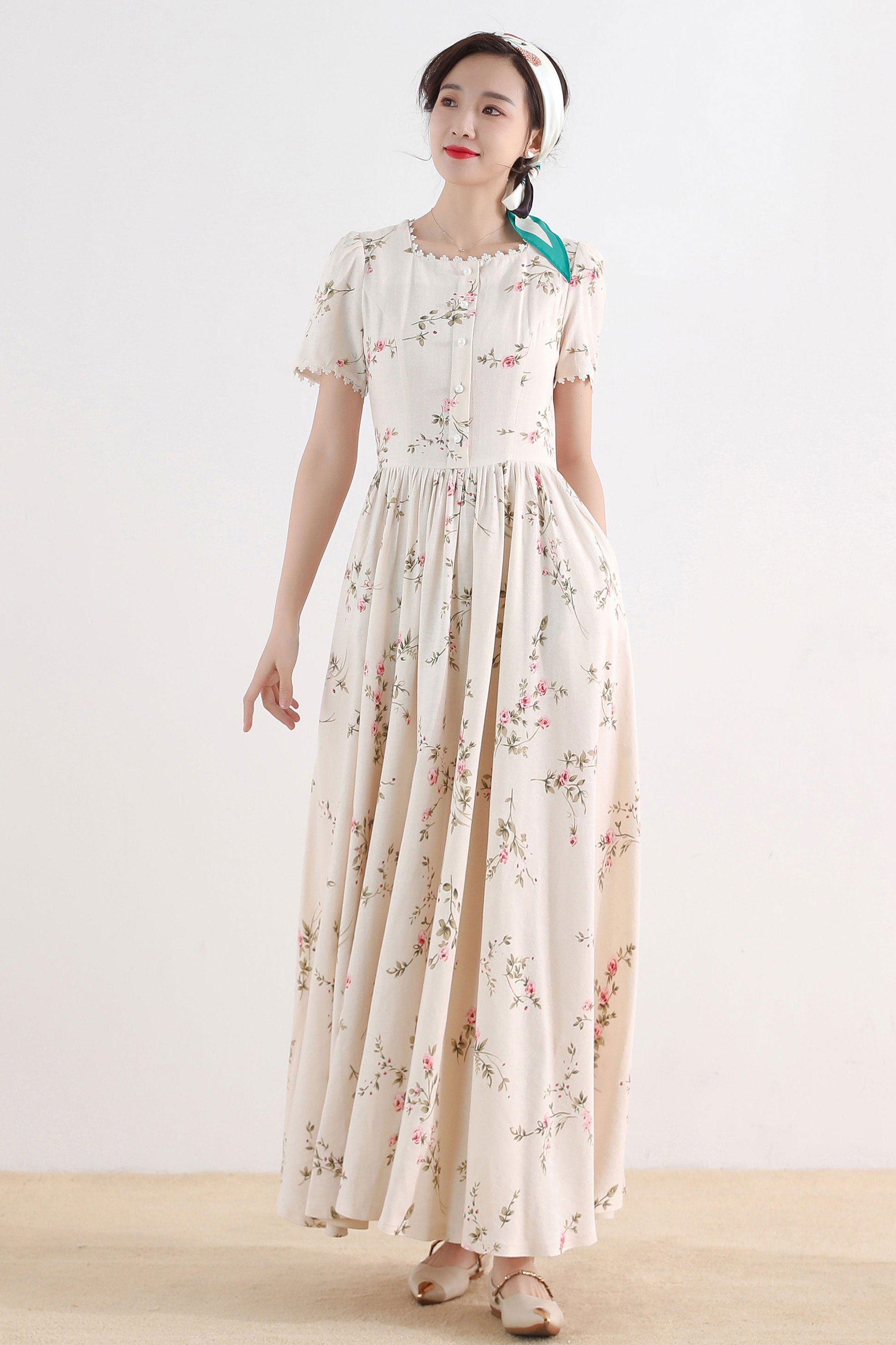 Floral Linen Maxi Cottagecore Dress 3009 Xiaolizi Floral Linen Maxi Cottagecore Dress 3009 Xiaolizi