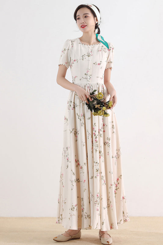 Floral Linen Maxi Dress - Short Sleeve A-Line Cottagecore | Xiaolizi 3009