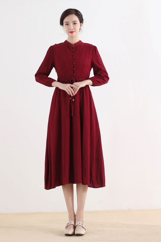 Red Spring Long sleeve Cotton Linen Dress 2519#