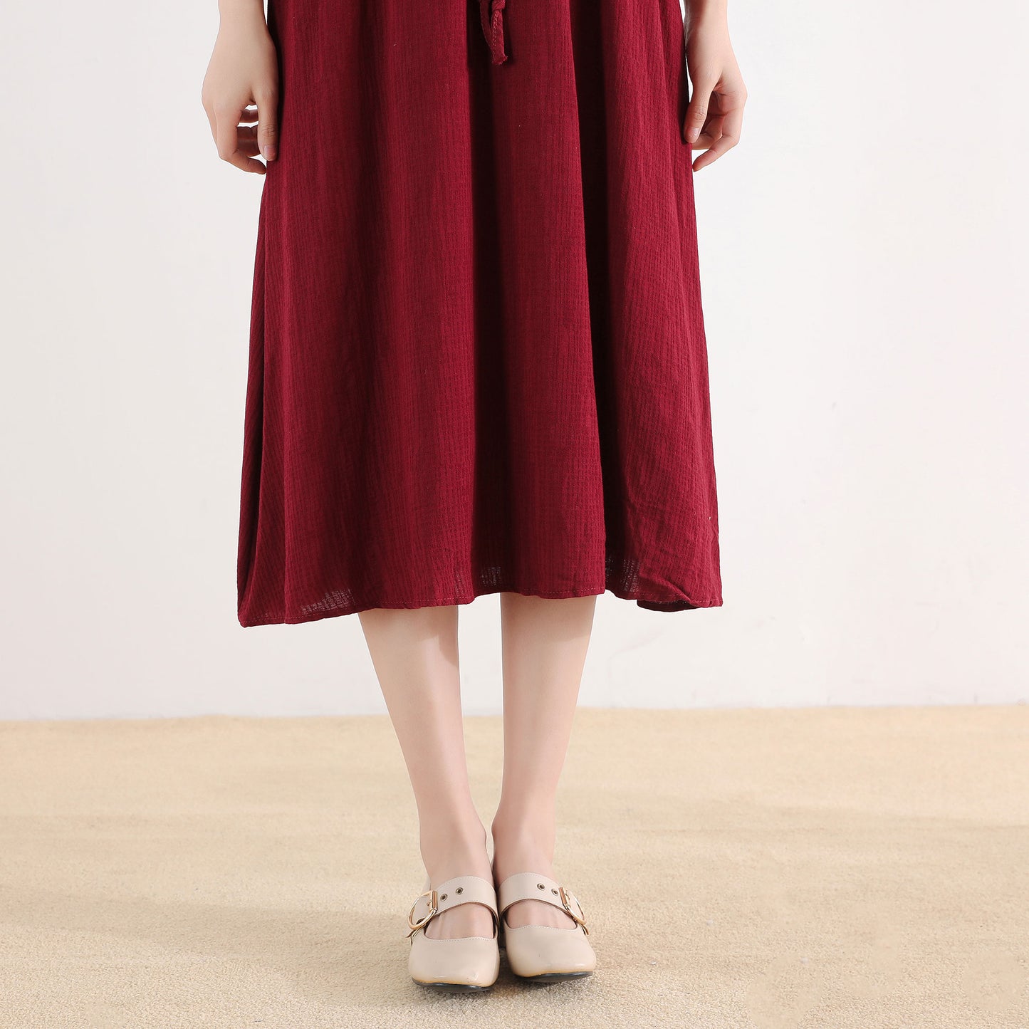 Red Spring Long sleeve Cotton Linen Dress 2519#