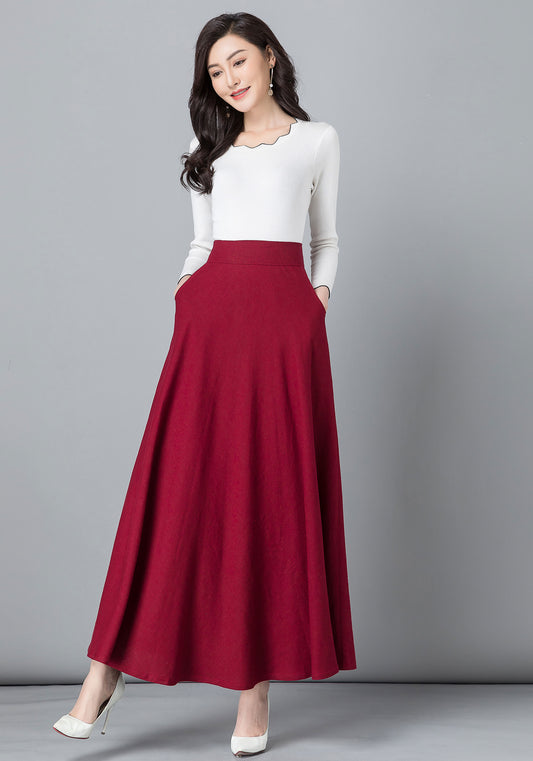 Red Linen Cotton Maxi Skirt – High Waist A-Line with Pockets – 2542