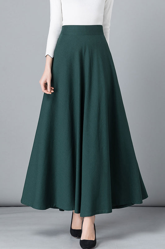 Dark Green Linen Cotton Maxi Skirt – High Waist A-Line – 2543