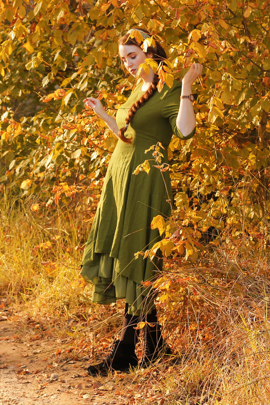 Vintage Green Linen High-Low Midi Dress with Chiffon Hem 2545