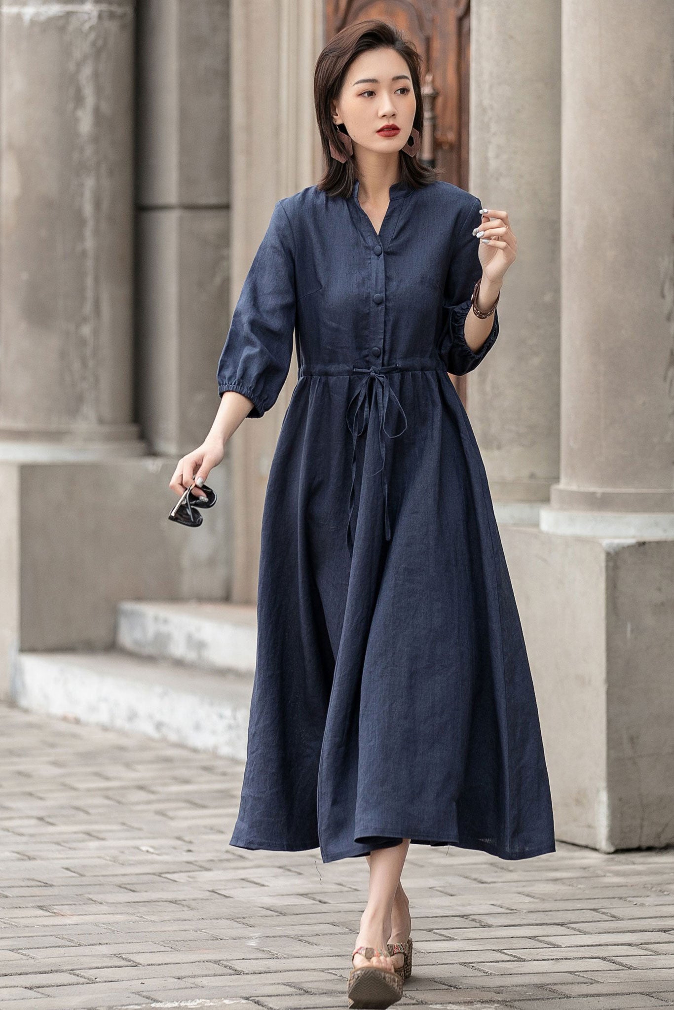 Navy Linen Swing Shirt Dress Handmade Midi | Xiaolizi 2594 Navy Linen Swing Shirt Dress Handmade Midi | Xiaolizi 2594