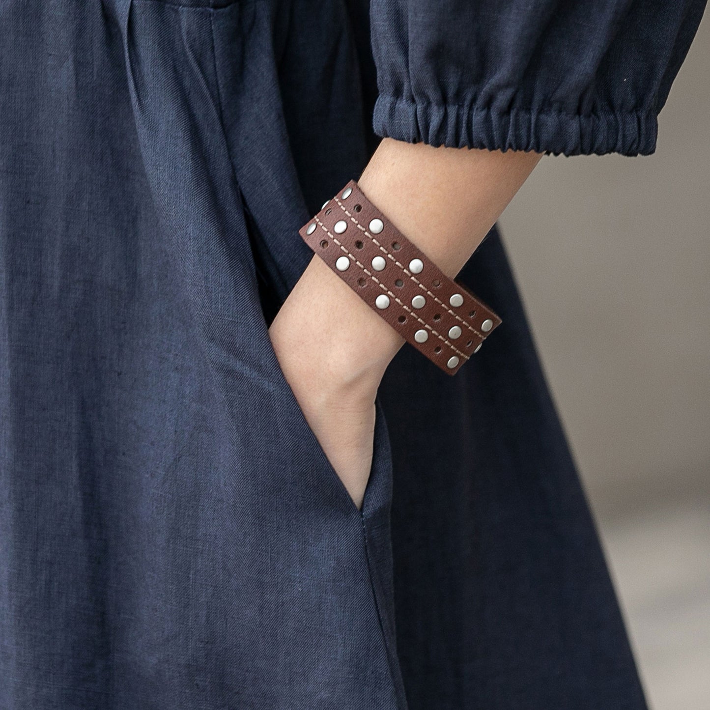 Navy Linen Blend Dress – Adjustable Waist Midi Shirt Dress for All Women | Xiaolizi 2594