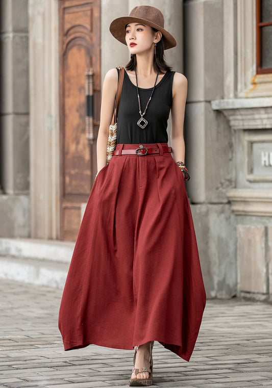 Handmade Linen Maxi Skirt – Red Asymmetrical Long Skirt for Women | Xiaolizi 2595