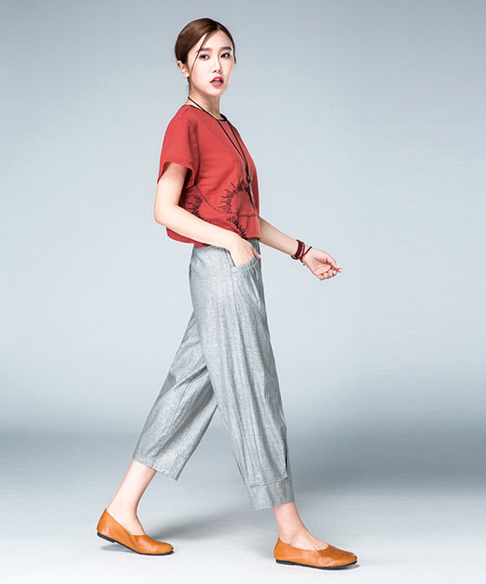 Gray Linen Cotton Casual Pants - Elastic Waist, Above Ankle Fit 2602