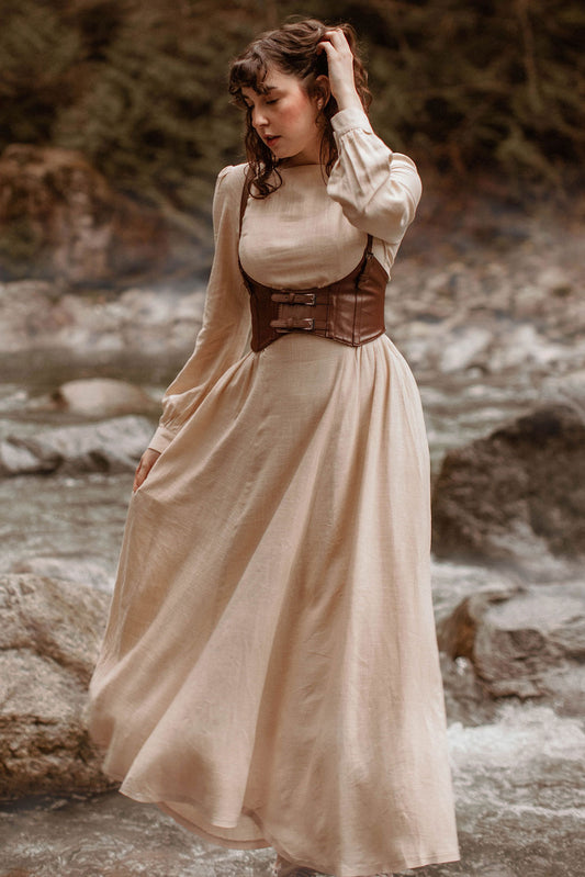 Beige Linen dress, Long sleeve Linen maxi dress 2701