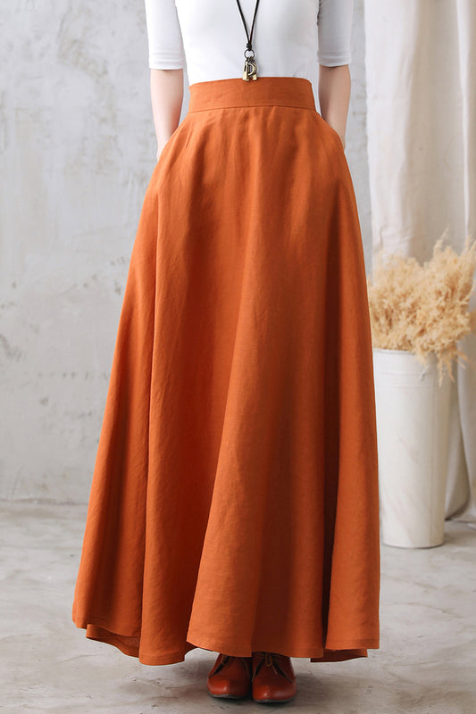 A Line Organic Swing Linen Maxi Skirt with Pockets 276801#
