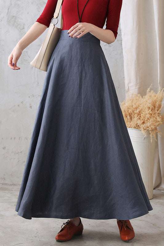 Women Autumn Flowy Swing Linen Maxi Skirt with Pockets 277101#