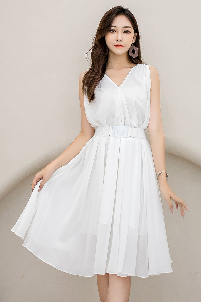 White Chiffon Midi Dress with Sleeveless V-Neck and Loose Waist