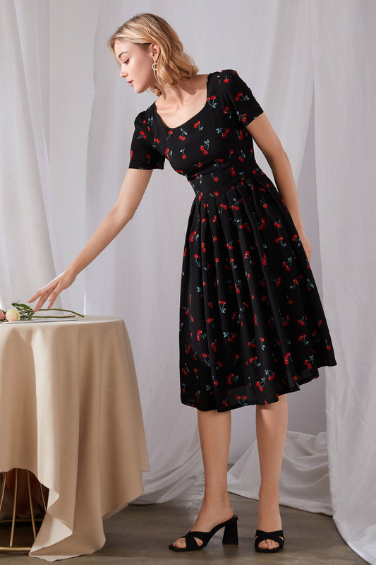 Black Cotton Blend Midi Dress - Cherry Print, Square Neckline 3453