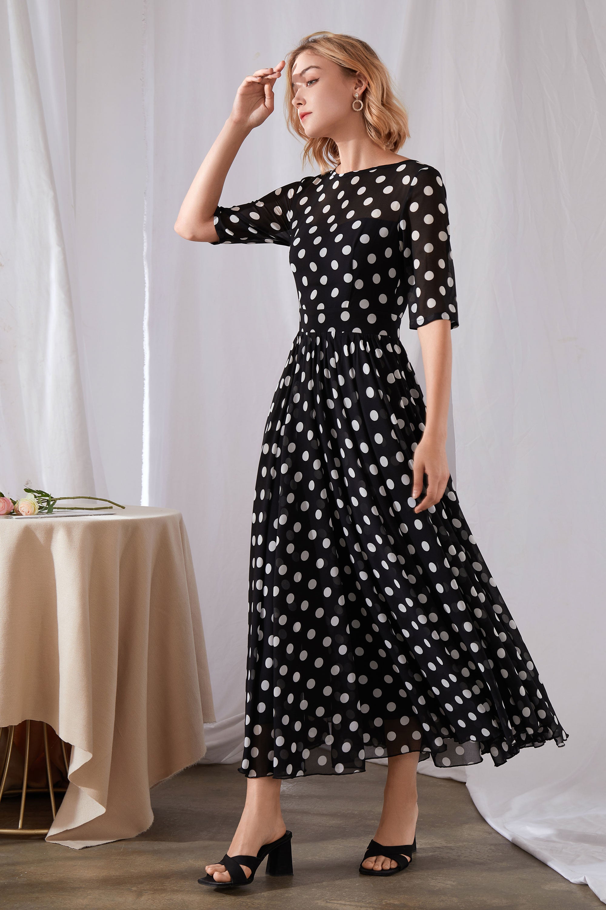 Polka Dot Chiffon Maxi Dress with Illusion Neckline and Fit Waistband