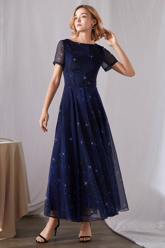 Summer Blue Starry Night Short Sleeve Swing Maxi Dress 3456