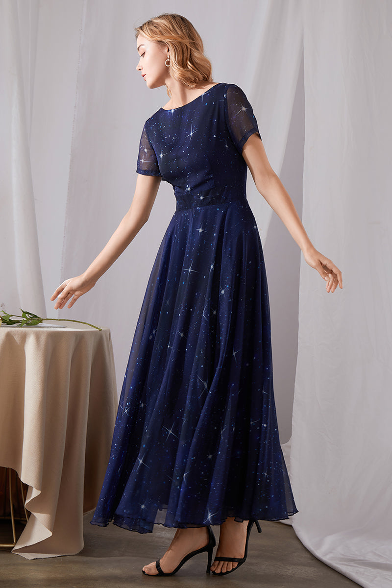 Summer Blue Starry Night Short Sleeve Swing Maxi Dress 3456