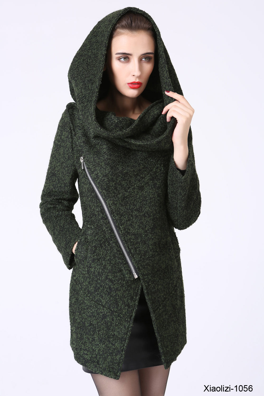 Modern Mini Wool jacket with Asymmetrical Front Zipper and Snood Hood 1056