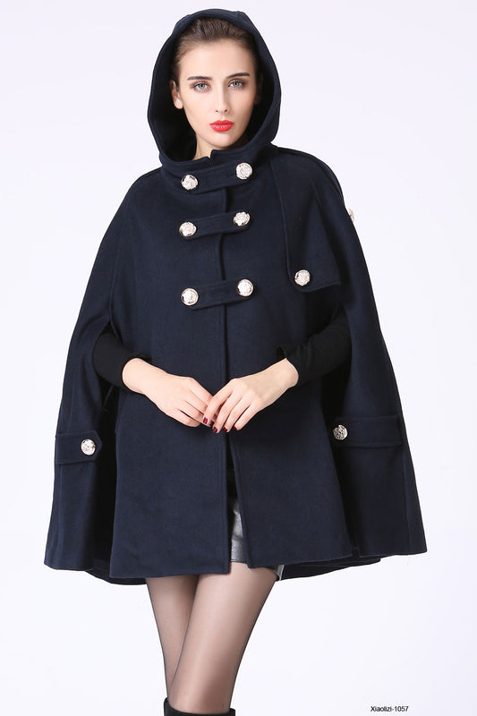Navy Blue Hooded Wool Cape – Handmade Double-Breasted Winter Coat | Xiaolizi 1057