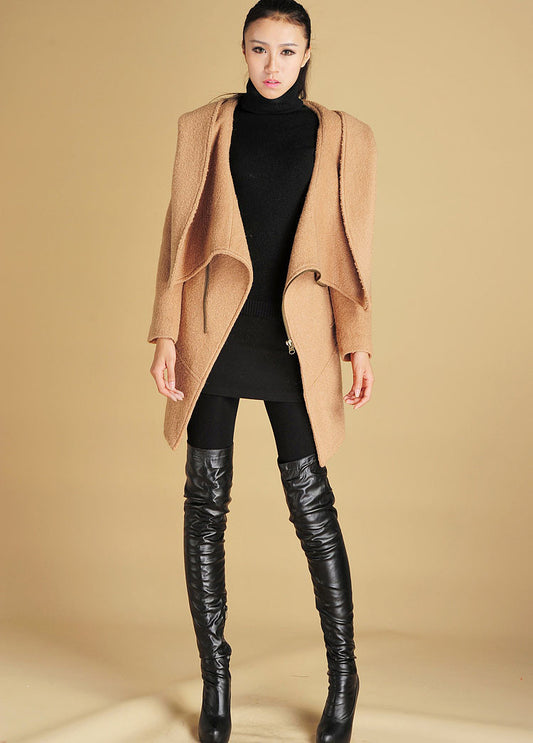 Camel Asymmetrical Wool Coat – Modern Zipper Winter Jacket | Xiaolizi 436