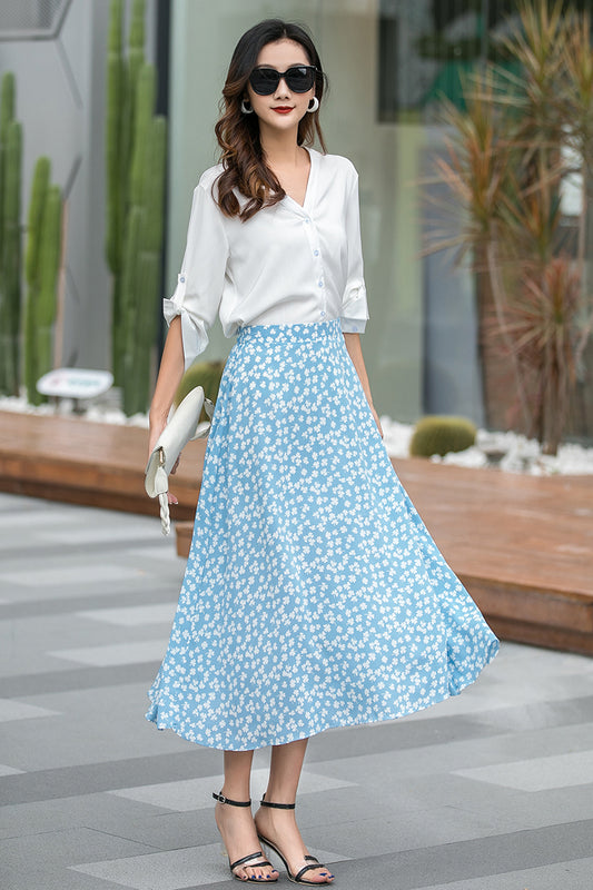 Blue Cotton A-Line Midi Skirt - High Waist, Pleated Detail 3534