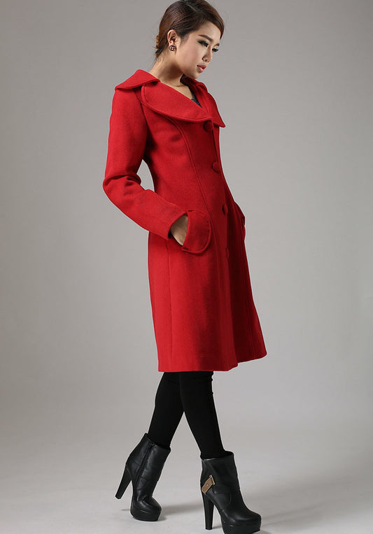 Red Wool Winter Coat – Vintage Midi Coat with Wide Collar | Xiaolizi 726