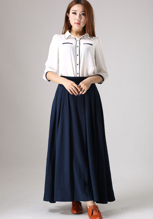 Classic A-Line Navy Linen Skirt – High Waist Maxi Silhouette – 0855