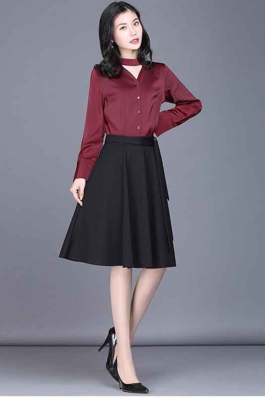 Black Polyester A-Line Skirt - High Waist, Knee Length CYM320