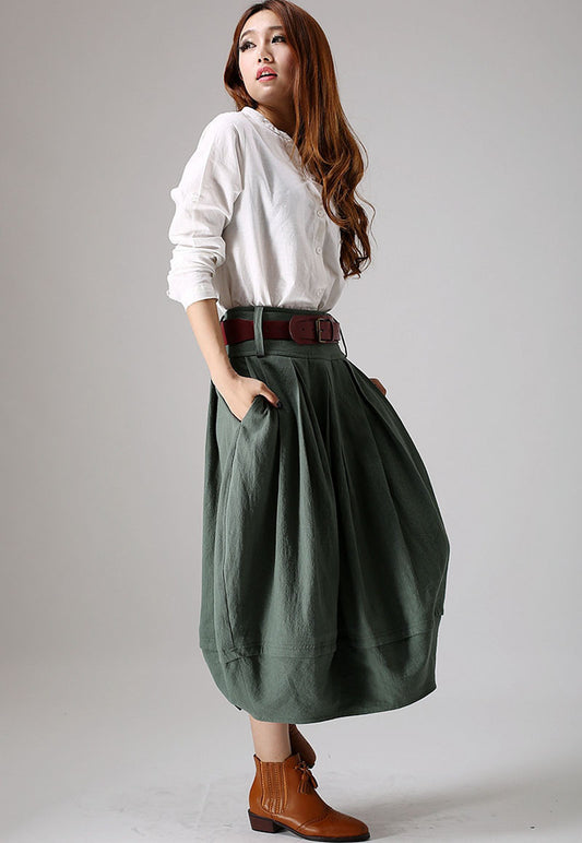Green Linen Bubble Skirt - Pleated Midi with Pockets 870