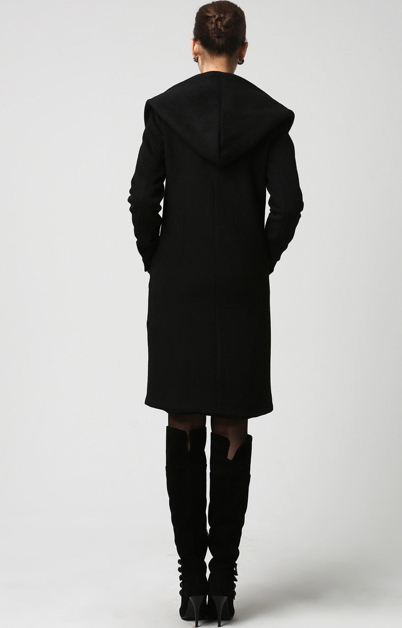 Oversized Black Hooded Wool Coat – Relaxed Winter Outerwear for Women | Xiaolizi 1124
