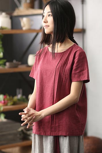 Retro round collar loose cotton and linen short sleeves woman CYM311