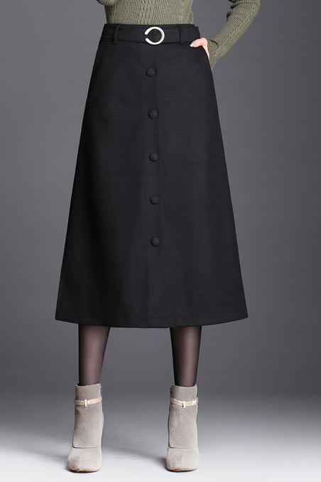 Black Polyester A-Line Midi Skirt - High Waist Winter Elegance S028