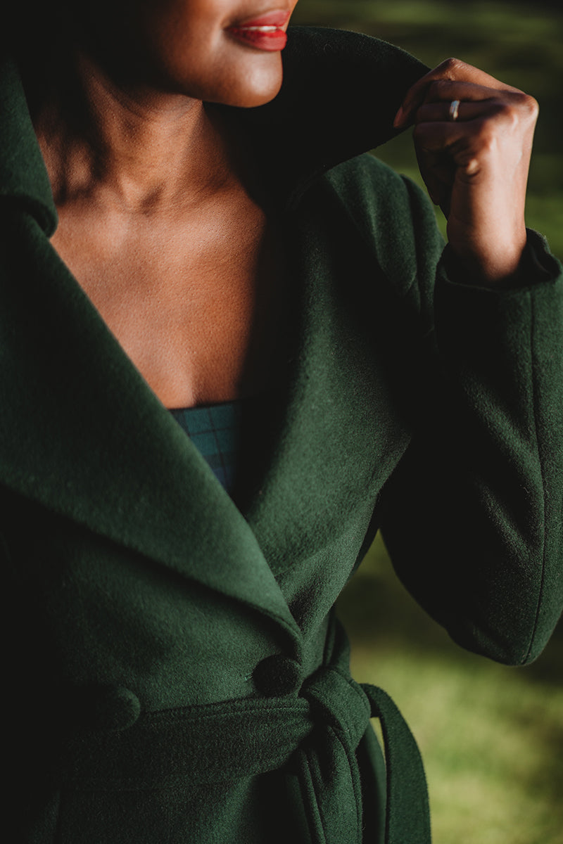 Handmade Green Wool Coat – Long Double-Breasted Winter Overcoat with Belt | Xiaolizi 3912