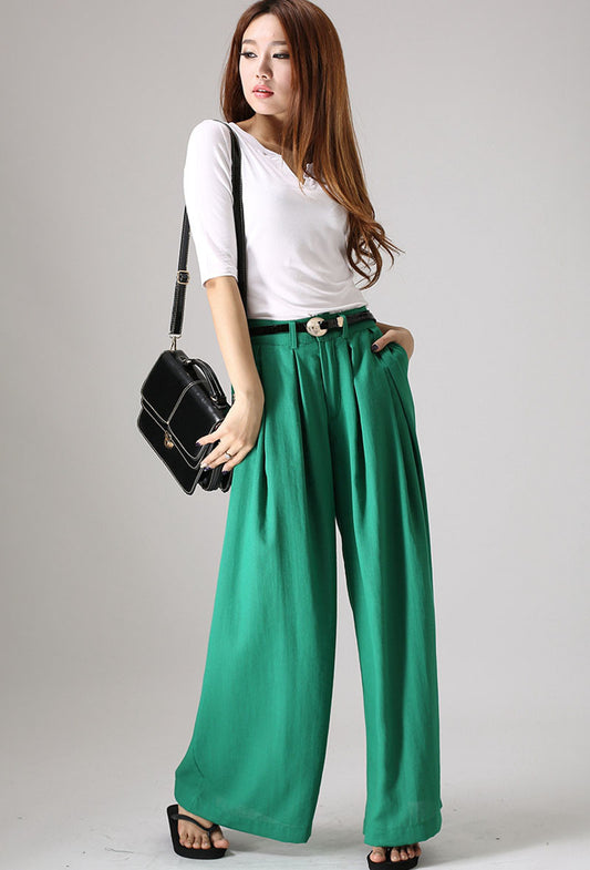 Kelly Green Linen Cotton Wide Leg Pants - Palazzo A-Line | Xiaolizi 840