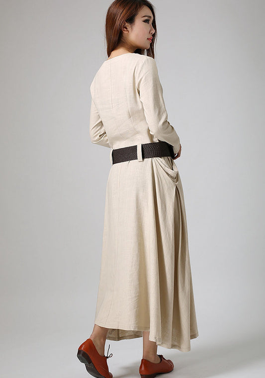 Two large pockets dress cream linen dress maxi dress long dress (889)