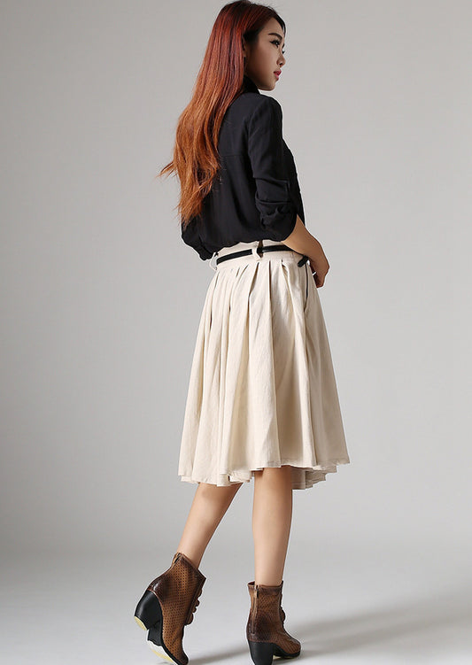 Cream Linen Skater Skirt - Pleated Waist with Pockets 1034