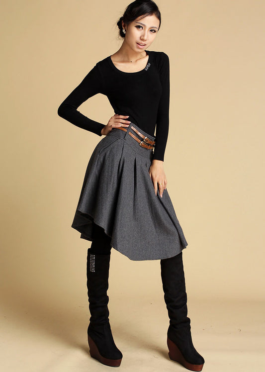 Dark Gray Wool Mini Skirt – Vintage Asymmetrical Pleated Skirt with Pockets 0359