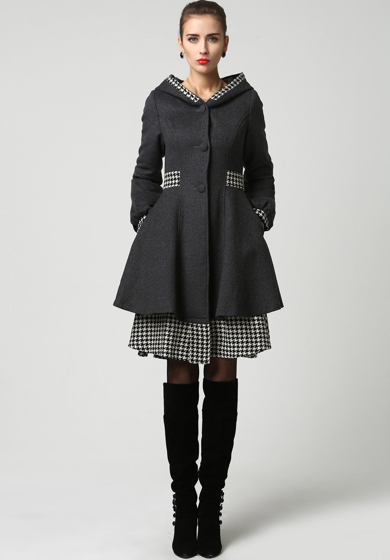 Dark Grey Wool Hooded Coat with Houndstooth Trim – Vintage Fit & Flare Winter Jacket 1113