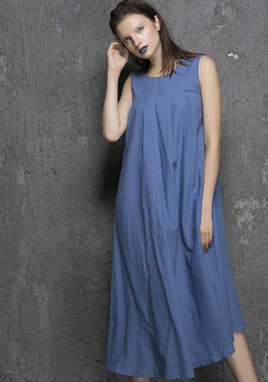 Blue dress maxi linen dress Summer linen causal dress 1329#