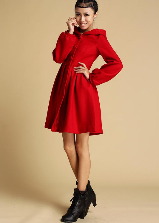 Red Hooded Wool Coat – Single-Breasted Winter Short Coat with Pockets | Xiaolizi 0333