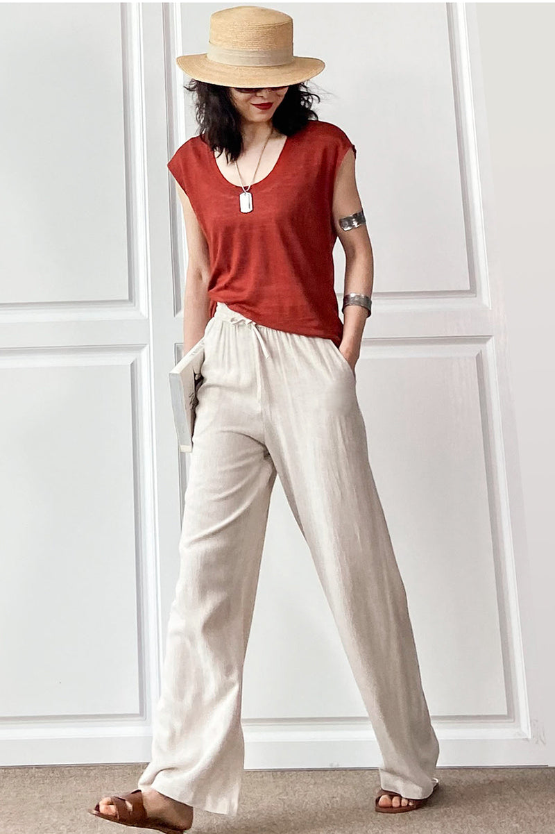 Navy Cotton Linen Wide Leg Pants - Elastic Waist Casual Comfort 3497