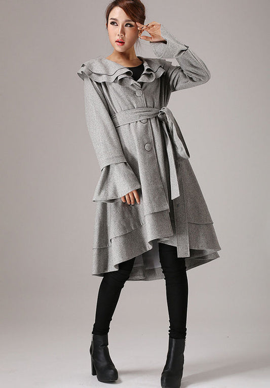Wool Ruffled Coat – Women’s Vintage Belted Layered Hem Jacket 0763