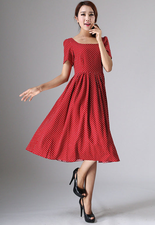 white and red polka dot linen dress, 50S womens swing dress 0974#