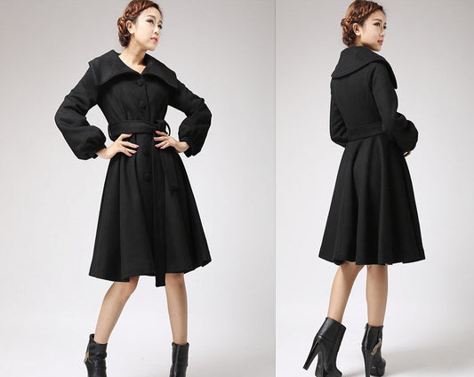 Handmade Black Wool Blend Coat with Wide Collar & Belt – Vintage Fit and Flare Elegance 710